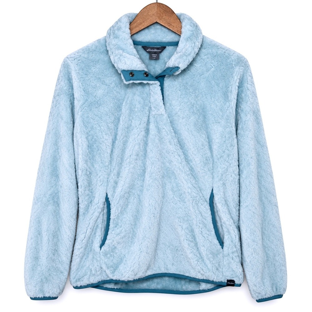 Eddie Bauer Fleece Pullover Womens L Light Blue Snap Neck High Pile Cozy Jacket